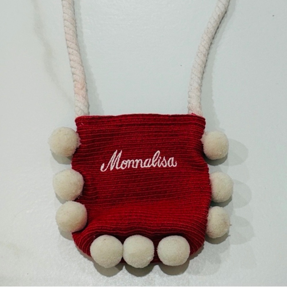 MonnaLisa Red and Cream Pom Pom Purse